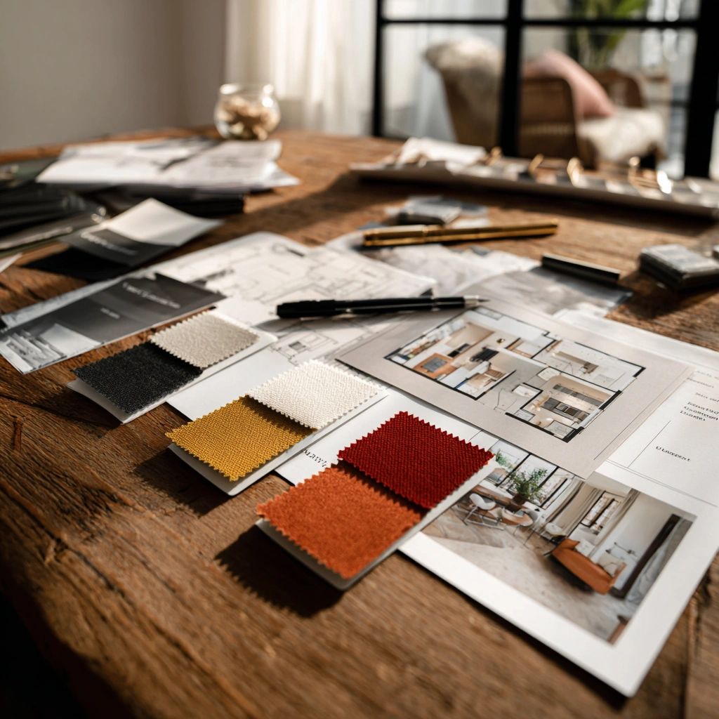 Designer workspace with warm fabric swatches